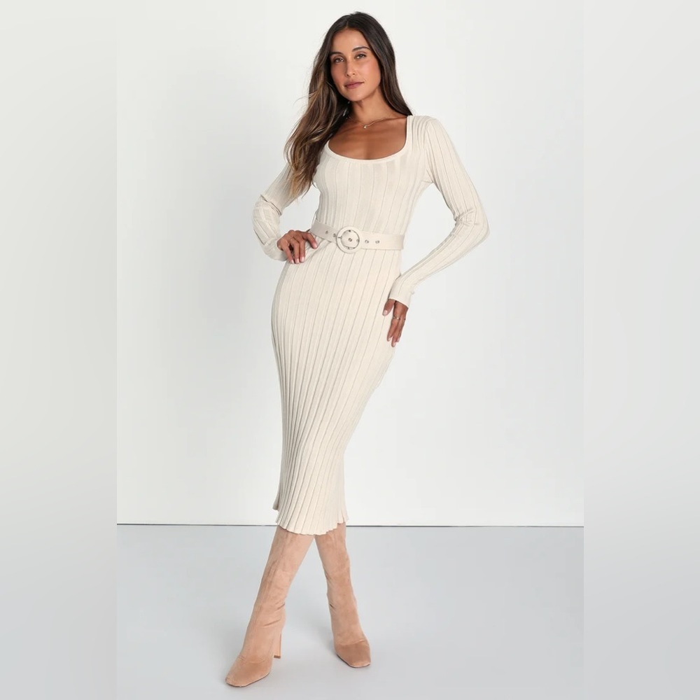 Lulus Long Sleeve Cream Belted Midi Sweater Dress Size Medium